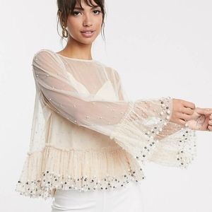 NWT ASOS DESIGN Sheer Beaded Smock Faux Pearl Mesh Keyhole Back Blouse